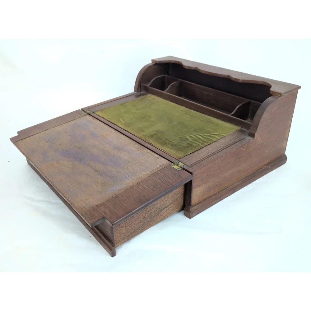 Antique Travel Desk Lap Writing Box Tambour Rolltop With Key And Glass Inkwell